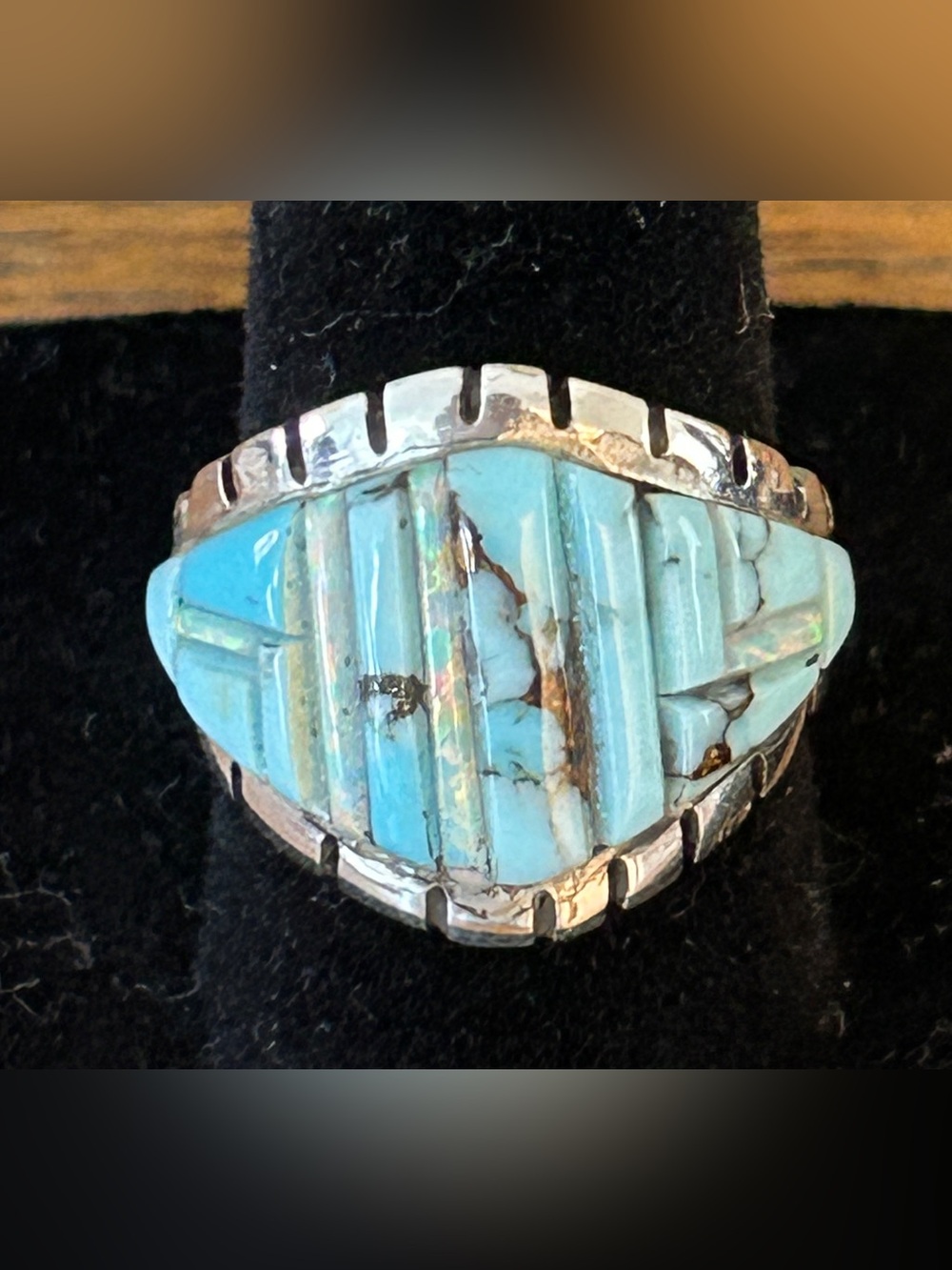 Turquoise and lab opal sterling silver cigar band ring.
